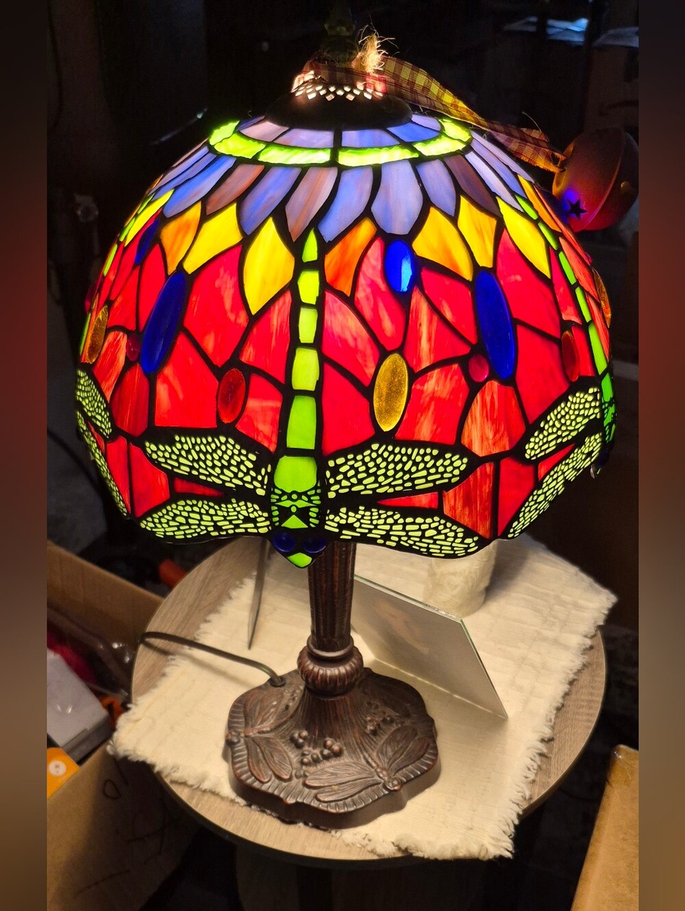Tiffany Copy Stained Glass Dragonfly Table Lamp - Red & Green - Picture 4 of 5